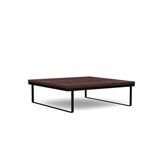 Front view of the SitOnIt Square Coffee Table in Designer Colombian Walnut Laminate and Black Frame. Kansas City Office Design.