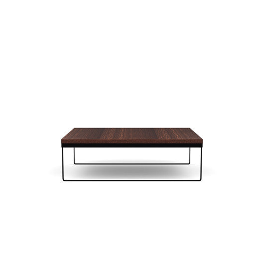 Side view of the SitOnIt Square Coffee Table in Designer Colombian Walnut Laminate and Black Frame. Kansas City Office Design.