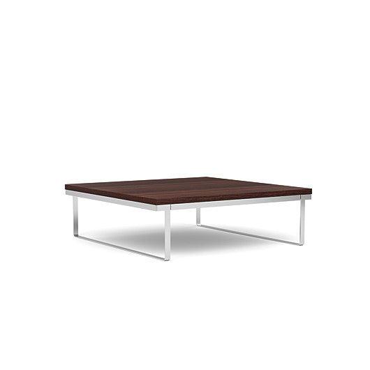 Front view of the SitOnIt Square Coffee Table in Designer Colombian Walnut Laminate and Chrome Frame. Kansas City Office Design.