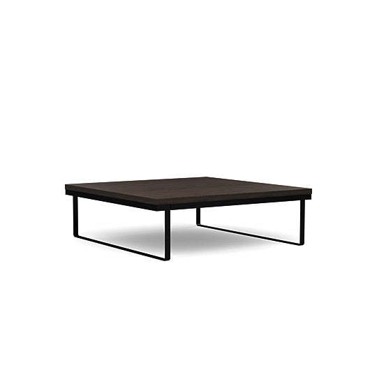 Front view of the SitOnIt Square Coffee Table in Designer Skyline Walnut Laminate and Black Frame. Kansas City Office Design.