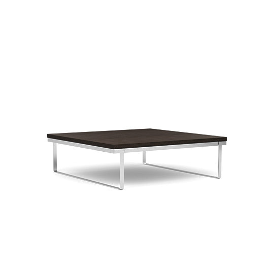 Front view of the SitOnIt Square Coffee Table in Designer Skyline Walnut Laminate and Chrome Frame. Kansas City Office Design.
