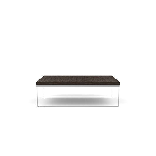 Side view of the SitOnIt Square Coffee Table in Designer Skyline Walnut Laminate and Chrome Frame. Kansas City Office Design.