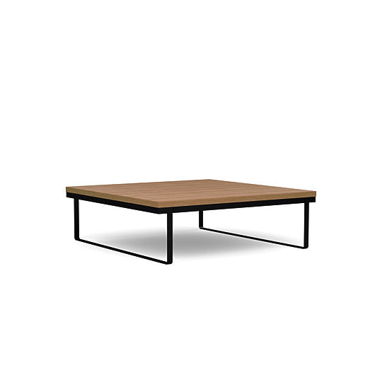 Front view of the SitOnIt Square Coffee Table in Designer Uptown Walnut Laminate and Black Frame. Kansas City Office Design.