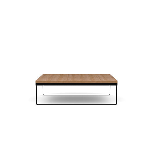 Side view of the SitOnIt Square Coffee Table in Designer Uptown Walnut Laminate and Black Frame. Kansas City Office Design.