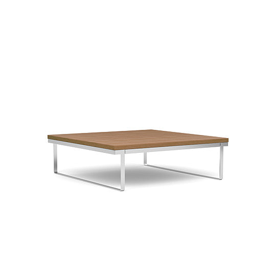 Front view of the SitOnIt Square Coffee Table in Designer Uptown Walnut Laminate and Chrome Frame. Kansas City Office Design.