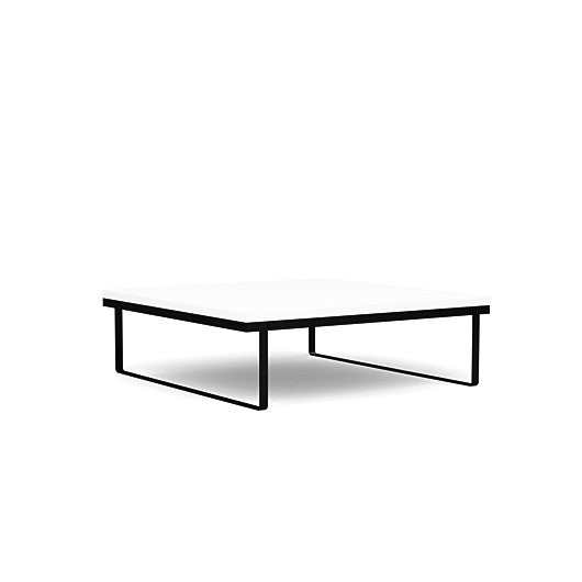 Front view of the SitOnIt Square Coffee Table in Designer White Laminate and Black Frame. Kansas City Office Design.
