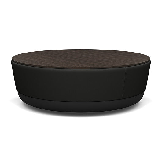 SitonIt Pasea Large Round Ottoman with Black Vinyl Fabric and Skyline Walnut Laminate Top. Kansas City Office Design.