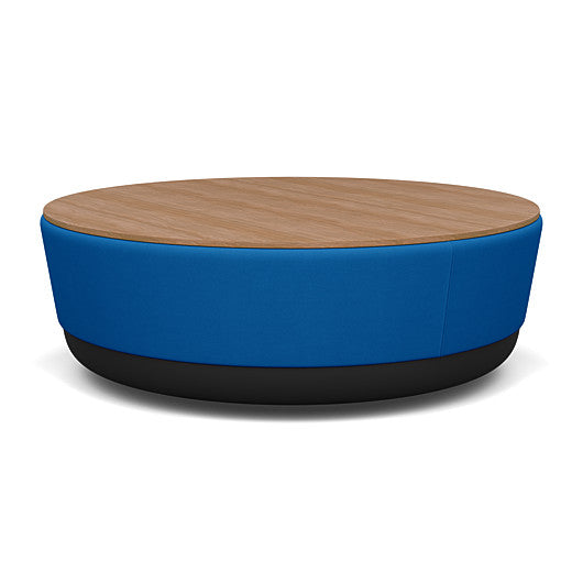 SitonIt Pasea Large Round Ottoman with Electric Blue Fabric and Uptown Walnut Laminate Top. Kansas City Office Design.