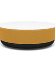 SitonIt Pasea Large Round Ottoman with Gold Dusk Fabric and Frosty White Laminate Top. Kansas City Office Design.