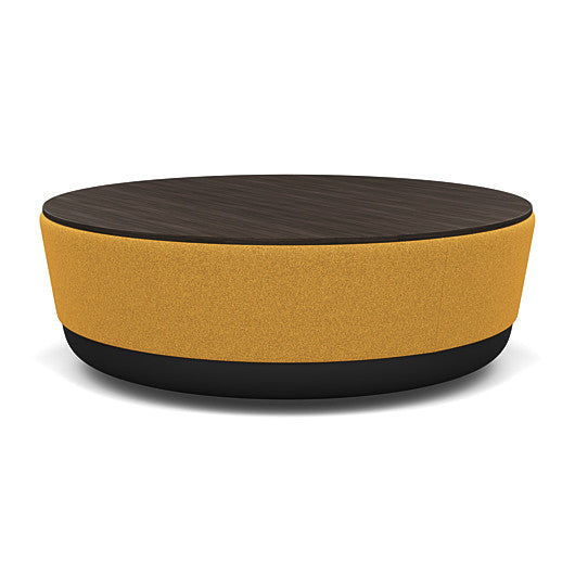 SitonIt Pasea Large Round Ottoman with Gold Dusk Fabric and Skyline Walnut Laminate Top. Kansas City Office Design.