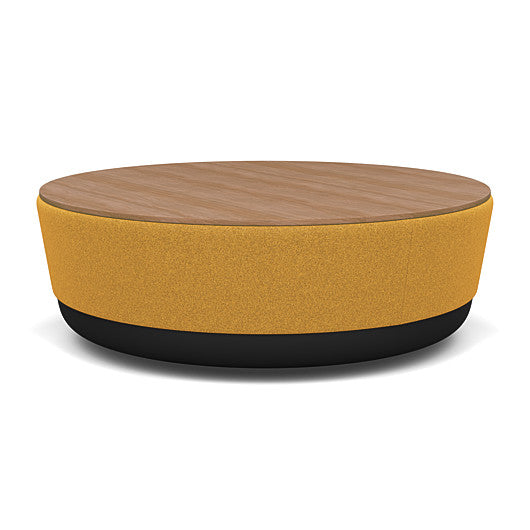 SitonIt Pasea Large Round Ottoman with Gold Dusk Fabric and Uptown Walnut Laminate Top. Kansas City Office Design.