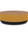 SitonIt Pasea Large Round Ottoman with Gold Dusk Fabric and Uptown Walnut Laminate Top. Kansas City Office Design.