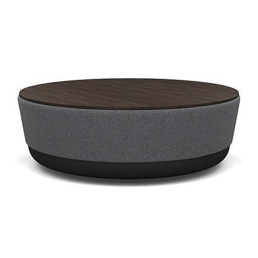 SitonIt Pasea Large Round Ottoman with Gray Milestone Fabric and Skyline Walnut Laminate Top. Kansas City Office Design.