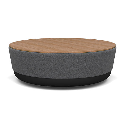 SitonIt Pasea Large Round Ottoman with Gray Milestone Fabric and Uptown Walnut Laminate Top. Kansas City Office Design.