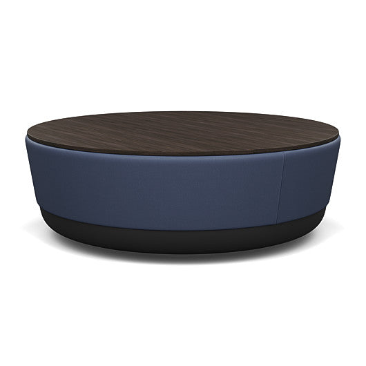SitonIt Pasea Large Round Ottoman with Sapphire Vinyl Fabric and Skyline Walnut Laminate Top. Kansas City Office Design.