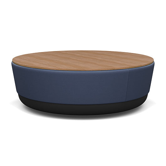 SitonIt Pasea Large Round Ottoman with Sapphire Vinyl Fabric and Uptown Walnut Laminate Top. Kansas City Office Design.