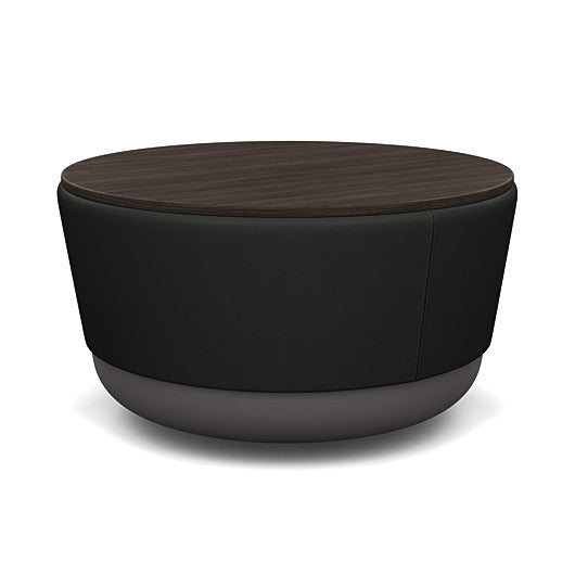 SitonIt Pasea Mini Round Ottoman with Black Vinyl Fabric and Skyline Walnut Laminate Top. Kansas City Office Design.
