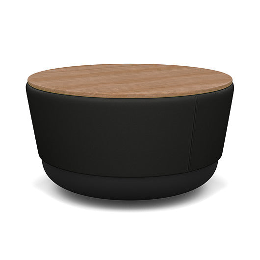 SitonIt Pasea Mini Round Ottoman with Black Vinyl Fabric and Uptown Walnut Laminate Top. Kansas City Office Design.