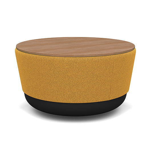 SitonIt Pasea Mini Round Ottoman with Gold Fabric and Uptown Walnut Laminate Top. Kansas City Office Design.