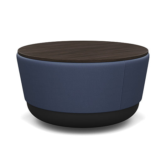 SitonIt Pasea Mini Round Ottoman with Sapphire Vinyl Fabric and Skyline Walnut Laminate Top. Kansas City Office Design.
