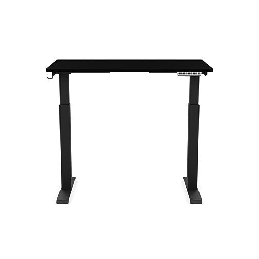 Front view of the SitonIt Switchback Height Adjustable Sit-to-Stand Desk. It has a Black base with a 24"D x 42"W Black top - Kansas City Office Furniture