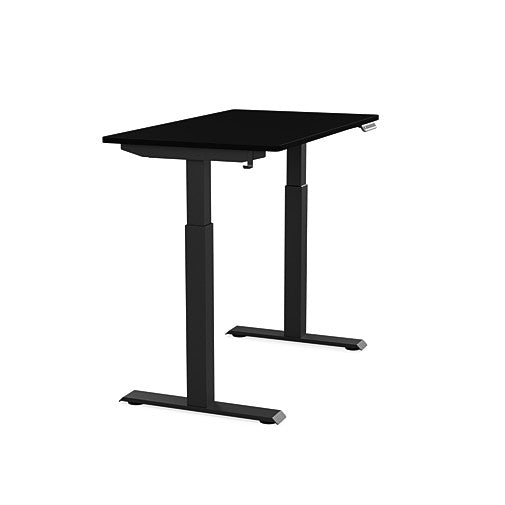 Side view of the SitonIt Switchback Height Adjustable Sit-to-Stand Desk. It has a Black base with a 24"D x 42"W Black top - Kansas City Office Furniture
