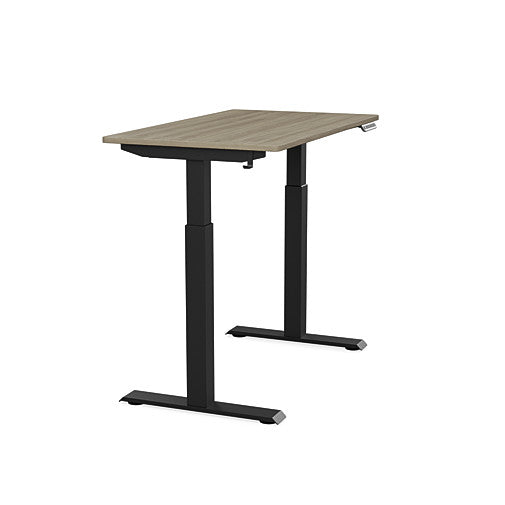 Side view of the SitonIt Switchback Height Adjustable Sit-to-Stand Desk. It has a Black base with a 24"D x 42"W Sandalwood top - Kansas City Office Furniture