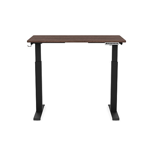Front view of the SitonIt Switchback Height Adjustable Sit-to-Stand Desk. It has a Black base with a 24"D x 42"W Walnut top - Kansas City Office Furniture