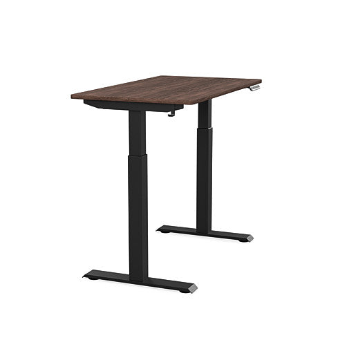 Side view of the SitonIt Switchback Height Adjustable Sit-to-Stand Desk. It has a Black base with a 24"D x 42"W Walnut top - Kansas City Office Furniture