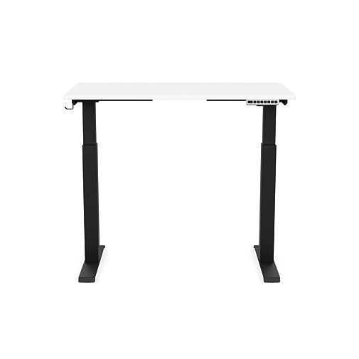 Front view of the SitonIt Switchback Height Adjustable Sit-to-Stand Desk. It has a Black base with a 24"D x 42"W White top - Kansas City Office Furniture