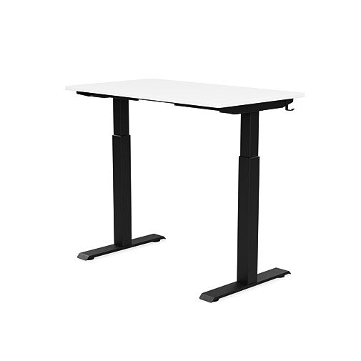 Back view of the SitonIt Switchback Height Adjustable Sit-to-Stand Desk. It has a Black base with a 24"D x 42"W White top - Kansas City Office Furniture
