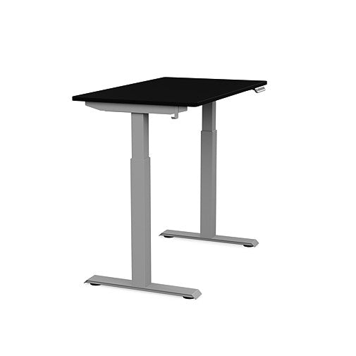 Side view of the SitonIt Switchback Height Adjustable Sit-to-Stand Desk. It has a Silver base with a 24"D x 42"W Black top - Kansas City Office Furniture