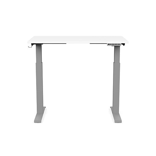 Front view of the SitonIt Switchback Height Adjustable Sit-to-Stand Desk. It has a Silver base with a 24"D x 42"W White top - Kansas City Office Furniture