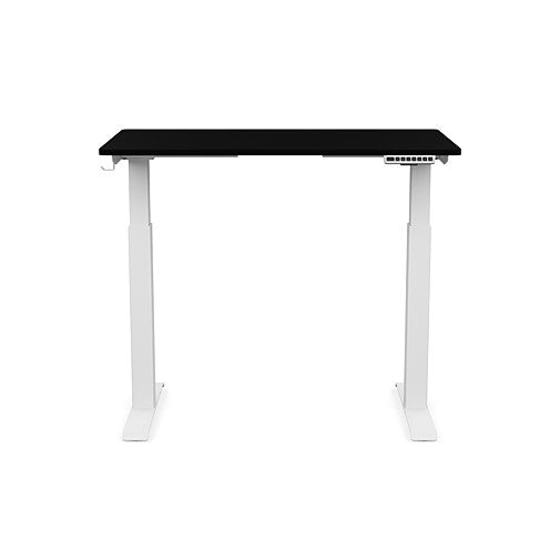 Front view of the SitonIt Switchback Height Adjustable Sit-to-Stand Desk. It has a White base with a 24"D x 42"W Black top - Kansas City Office Furniture