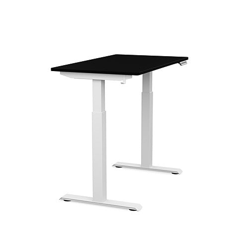 Side view of the SitonIt Switchback Height Adjustable Sit-to-Stand Desk. It has a White base with a 24"D x 42"W Black top - Kansas City Office Furniture