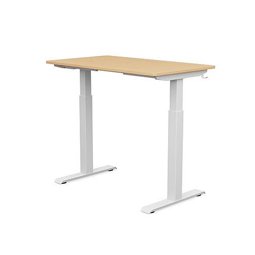 Back view of the SitonIt Switchback Height Adjustable Sit-to-Stand Desk. It has a White base with a 24"D x 42"W Maple top - Kansas City Office Furniture