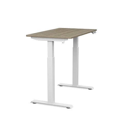 Side view of the SitonIt Switchback Height Adjustable Sit-to-Stand Desk. It has a White base with a 24"D x 42"W Sandalwood top - Kansas City Office Furniture