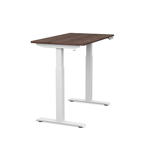 Side view of the SitonIt Switchback Height Adjustable Sit-to-Stand Desk. It has a White base with a 24"D x 42"W Walnut top - Kansas City Office Furniture