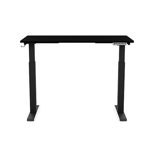 Front view of the SitonIt Switchback Height Adjustable Sit-to-Stand Desk. It has a Black base with a 24"D x 48"W Black top - Kansas City Office Furniture