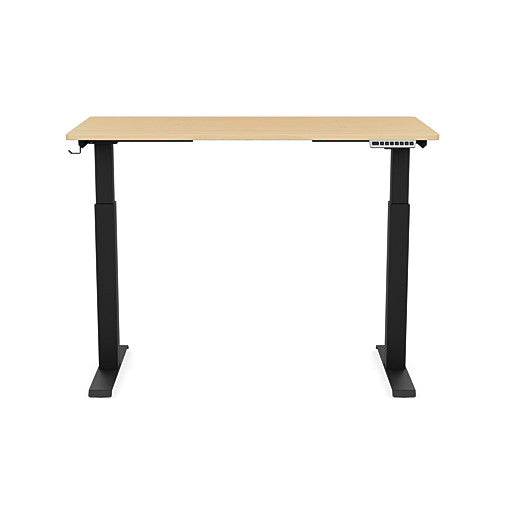 Front view of the SitonIt Switchback Height Adjustable Sit-to-Stand Desk. It has a Black base with a 24"D x 48"W Maple top - Kansas City Office Furniture