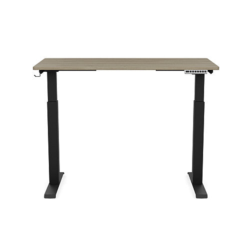 Front view of the SitonIt Switchback Height Adjustable Sit-to-Stand Desk. It has a Black base with a 24"D x 48"W Sandalwood top - Kansas City Office Furniture