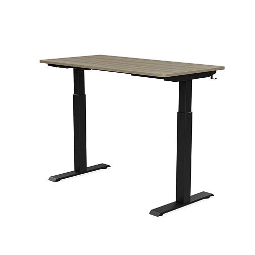 Back view of the SitonIt Switchback Height Adjustable Sit-to-Stand Desk. It has a Black base with a 24"D x 48"W Sandalwood top - Kansas City Office Furniture