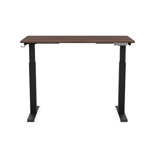 Front view of the SitonIt Switchback Height Adjustable Sit-to-Stand Desk. It has a Black base with a 24"D x 48"W Walnut top - Kansas City Office Furniture
