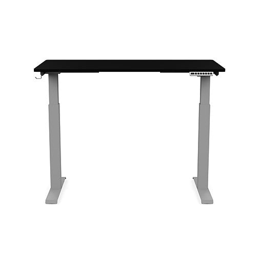 Front view of the SitonIt Switchback Height Adjustable Sit-to-Stand Desk. It has a Silver base with a 24"D x 48"W Black top - Kansas City Office Furniture