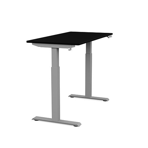 Side view of the SitonIt Switchback Height Adjustable Sit-to-Stand Desk. It has a Silver base with a 24"D x 48"W Black top - Kansas City Office Furniture