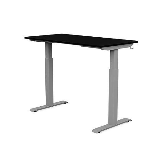 Back view of the SitonIt Switchback Height Adjustable Sit-to-Stand Desk. It has a Silver base with a 24"D x 48"W Black top - Kansas City Office Furniture