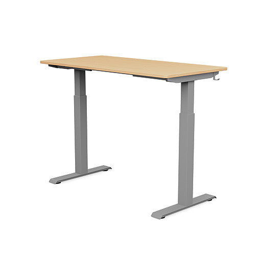 Back view of the SitonIt Switchback Height Adjustable Sit-to-Stand Desk. It has a Silver base with a 24"D x 48"W Maple top - Kansas City Office Furniture
