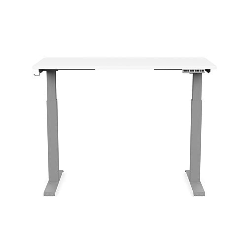 Front view of the SitonIt Switchback Height Adjustable Sit-to-Stand Desk. It has a Silver base with a 24"D x 48"W White top - Kansas City Office Furniture