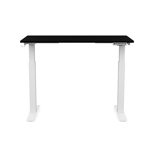 Front view of the SitonIt Switchback Height Adjustable Sit-to-Stand Desk. It has a White base with a 24"D x 48"W Black top - Kansas City Office Furniture
