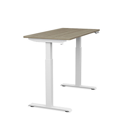 Side view of the SitonIt Switchback Height Adjustable Sit-to-Stand Desk. It has a White base with a 24"D x 48"W Sandalwood top - Kansas City Office Furniture